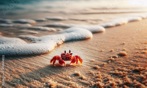 Roter Krebs am Strand, der Krebs auf nassem Sand, Meereswellen , die ans Ufer plätschern, wobei das Wasser das Sonnenlicht reflektiert