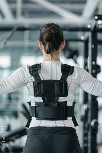 Futuristic exoskeleton enhancing human strength as worker effortlessly lifts heavy object in industrial setting showcasing practical applications of wearable robotics for workplace efficiency