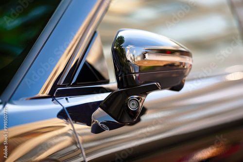 Car advanced side view camera system integrated into the door side mirror, enhanced blind spot detection and rear visibility. Car side mirror with blind spot monitoring closeup