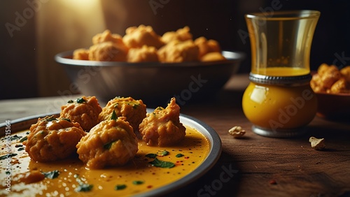 Free Photo Creamy kadhi pakora takes center stage in this delectable image. The golden yellow kadhi is rich and smooth new 