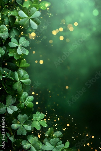 St. Patrick's Day abstract decorated with green shamrock leaves and golden bokeh on a dark green background with copy space. Generative AI