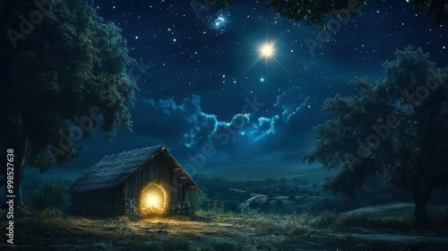 Nightfall Haven: A mystical cabin glows warmly under a starlit sky, inviting tranquility and wonder.