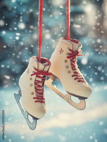 Vintage Ice Skates on Snowy Fence in Winter Landscape 