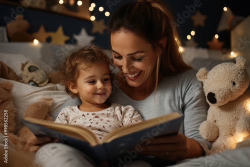 A mother and child share a bedtime story in a cozy star-lit bedroom filled with soft toys and warm lighting, creating a serene and bonding nighttime atmosphere.