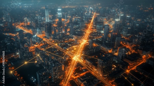 An aerial view of a smart city at night, with a glowing web of wireless connections represented by bright lines linking buildings, cars, and devices across the cityscape.