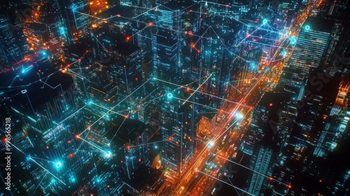 An aerial view of a smart city at night, with a glowing web of wireless connections represented by bright lines linking buildings, cars, and devices across the cityscape.