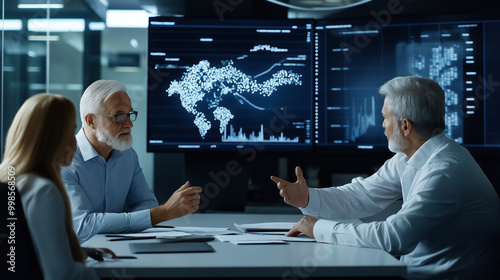 A group of political analysts in a modern conference room, discussing and analyzing polling data and election trends. Large digital screens display graphs and maps as they strategi