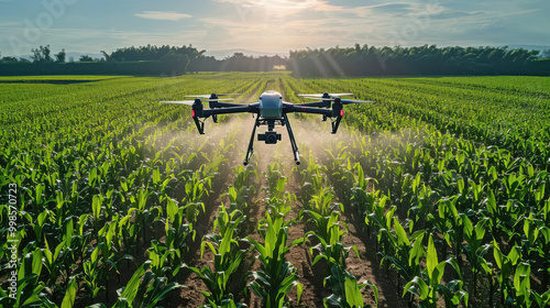 drone spraying pesticide at corn field