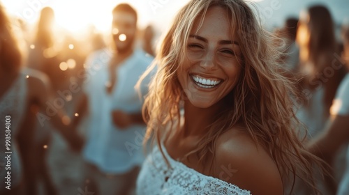 A radiant blonde woman joyfully celebrates at a beachside setting as the sun sets, capturing the true essence of happiness, freedom, and the beauty of the golden hour.