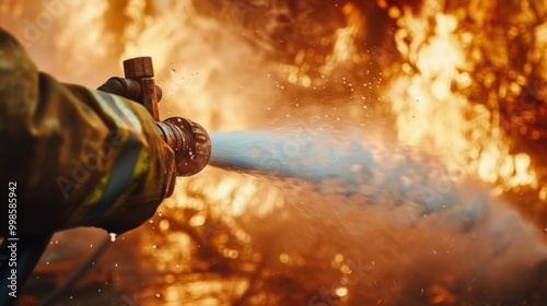 Close-up of firefighter's hand holding hose spraying water against flames symbolizing firefighting effort and emergency response