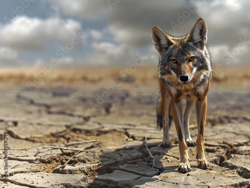 Jackal Hunting in Desolate Arid Landscape with Keen Eyes Scanning for Prey