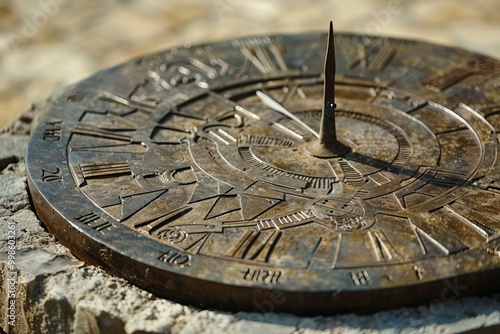 Ancient sundial casting shadow on stone telling time