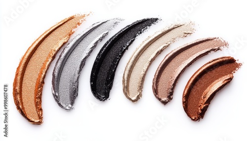 Top-down view of metallic eyeliner swatches, arranged in streaks of silver, copper, and gunmetal with a striking foiled effect.