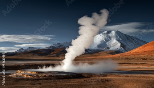 Geyser shooting boiling water and steam into the air, capturing the immense power of geothermal energy, symbolizing the earth s hidden strength