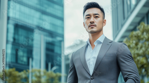 A handsome Asian man in a modern grey suit stands outdoors, his determined gaze fixed ahead, the business center in the background softly blurred to highlight his professional, pol