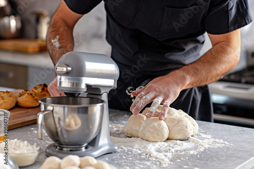 Baker is shaping dough on a marble countertop with a stand mixer in the background