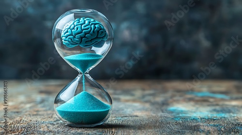 A brain rests in an hourglass, a metaphor for the balance of time and thought, an abstract concept of mental energy.