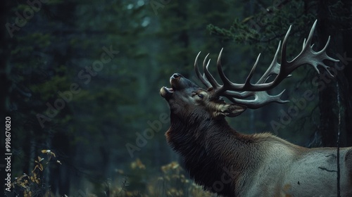 A close-up of a bull elk bugling in a dense forest, its massive antlers standing tall as it calls out