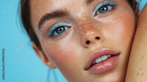 Bold blue prom makeup look on young woman with freckles - beauty, fashion, editorial use