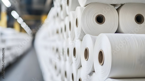 Industrial Fabric Rolls Warehouse Stacked White Cotton Textiles Production Storage