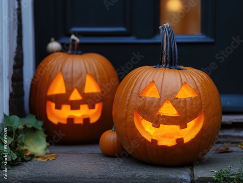 Carved pumpkins on a doorstep