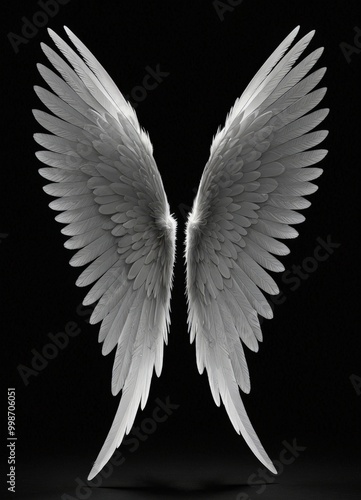 a pair of angel wings, their white feathers contrasting sharply against the black background The wings are spread wide, with their tips pointing towards the top right corner