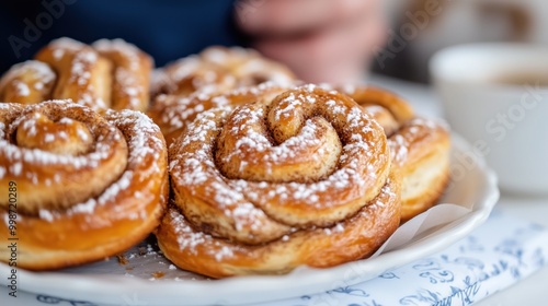 Cozy fika break with cinnamon buns in a swedish cafe setting