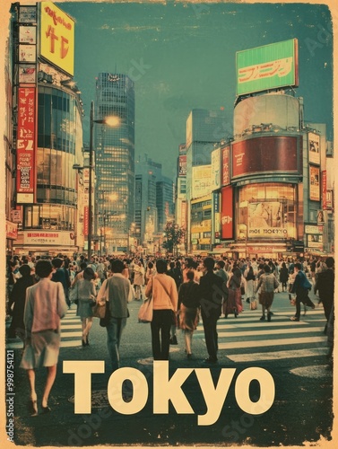 Crowds of people navigate the Shibuya crossing in Tokyo during the evening. Bright neon signs illuminate the bustling streets, capturing the vibrant energy of the city.