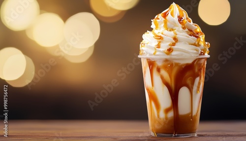 Iced caramel frappe in a glass, with smooth whipped cream and thick caramel sauce swirling down, capturing the essence of sweet indulgence