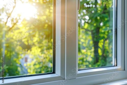 New plastic PVC window with white metal frame installed at modern house, view of blurred green trees, blue sky. Advertising. Typical installation of insulated glazing windows with uPVC window frames.