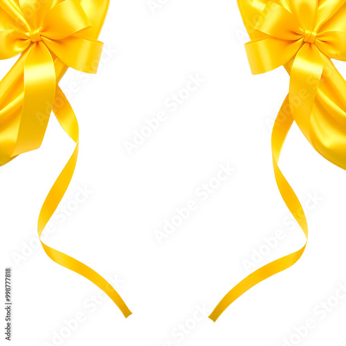 Elegant yellow gift bows with long ribbons, isolated on transparent background, Generative AI