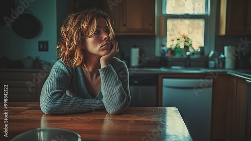 Drunk woman in her 40s, sitting alone at a kitchen table