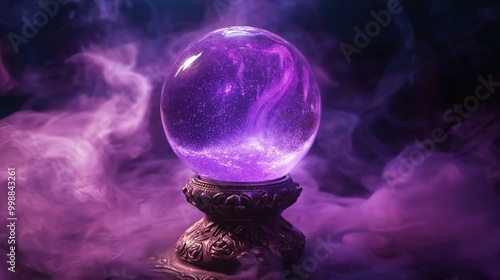 A glowing crystal ball with a purple cosmic nebula inside, surrounded by swirling mist.