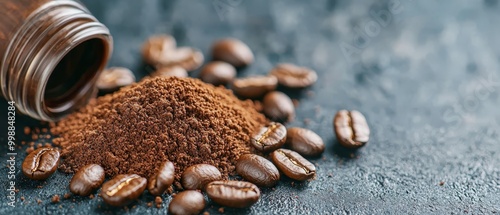  A blue countertop holds a jar of ground coffee and a adjacent pile of coffee beans