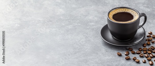  A cup of coffee on a saucer, adjacent to a mound of coffee beans against a gray background