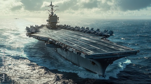 A massive aircraft carrier slicing through the ocean, with fighter jets positioned on the deck, poised and ready for takeoff