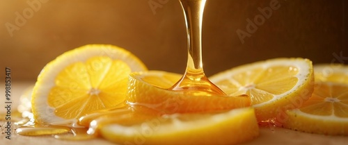 Honey pouring over sliced lemons with warm lighting for culinary enjoyment