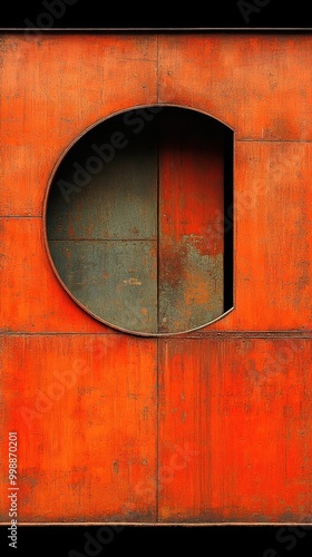 A large rust-red steel panel showcases a circular cutout, highlighting industrial design