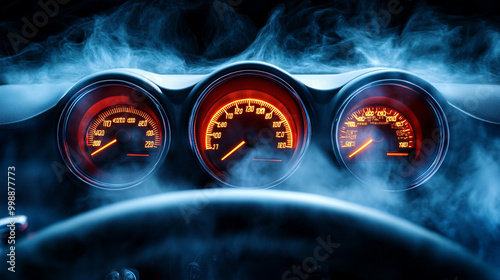 Close-up of a glowing car speedometer surrounded by smoke, representing high speed, power, and performance in driving.