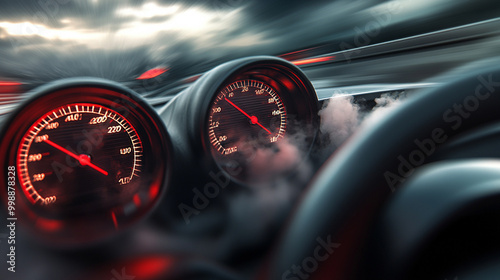 Close-up of a glowing car speedometer surrounded by smoke, representing high speed, power, and performance in driving.