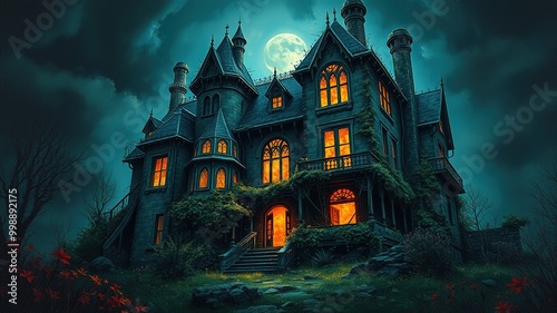 A hauntingly atmospheric illustration depicts a crumbling mansion with crooked turrets, overgrown vegetation, and an eerie glow emanating from the windows in the darkness of night.