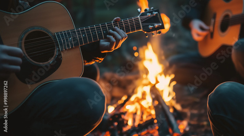 W magiczny wieczór, przy ognisku płonącym na środku polany, grupa przyjaciół delektuje się chwilą. Jedna osoba z entuzjazmem gra na gitarze, a każdy dźwięk niesie ze sobą wspomnienia i radość.