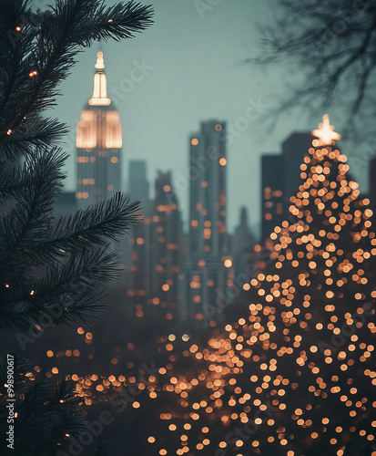 Background Winter city view, close-up, blurred background, aesthetic Christmas photo