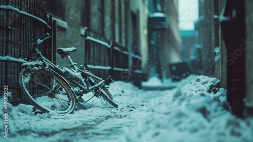 A snow-covered alleyway with abandoned bicycles, creating a quiet, melancholic winter scene with soft lighting and a sense of serene abandonment.