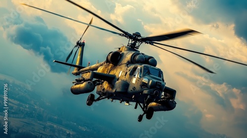 A military helicopter gunship flying low over rugged terrain, showcasing its heavy armament, prepared for combat action