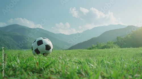 A soccer ball positioned on a lush green field with mountains in the background, conveying a sense of adventure and the beauty of sport amidst nature.