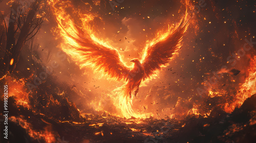 A medium shot of a mythical phoenix reborn, rising from the ashes near the remains of its previous form. Phoenix Rising. Illustration