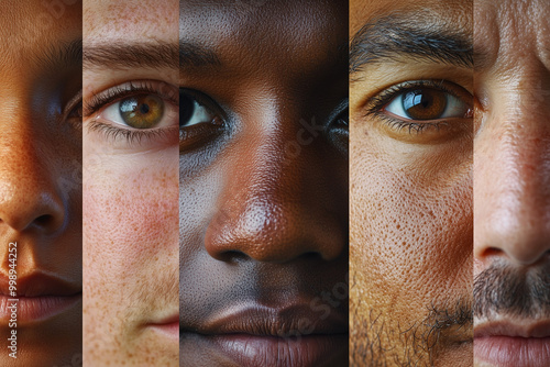 A detailed close-up collage showcasing the diverse beauty of human faces from different racial backgrounds, highlighting skin texture, eye color, and unique features