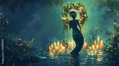 Fantasy girl mermaid nymph stands in water herbal wreath floa candles burning,holiday ivan kupala, generative ai tools. Nymph. Illustration