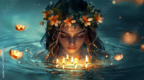 Fantasy girl mermaid nymph stands in water herbal wreath floa candles burning,holiday ivan kupala, generative ai tools. Nymph. Illustration